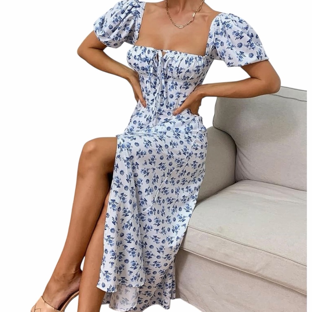NWT/Women's Puff Sleeve/Floral Split Maxi/Flowy A Line Casual Dress/Size: XL - Picture 2 of 15